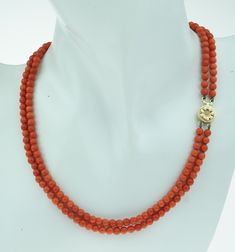 Two-strand antique red coral necklace with a 14 carat gold tooled clasp. The length of this piece of jewelery is 38 cm, the weight is 23 grams, the diameter of the beads is 4.5 mm. Clasp stamped with the 585 gold hallmark. Will be shipped registered and insured. Years before Voordeelsieraden had its own website, it all started with the love for unique occasion jewellery. As a teenager, our founder was already busy searching for beautiful jewelry from the attic room. Later he would sell jewelry t Formal Single Strand Red Coral Necklace, Classic Coral Round Jewelry, Classic Round Coral Jewelry, Formal Single Strand Red Coral Jewelry, Elegant Red Coral Necklace For Formal Occasions, Elegant Red Coral Necklace For Formal Events, Classic Red Coral Formal Jewelry, Formal Coral Single Strand Jewelry, Traditional Single Strand Coral Jewelry