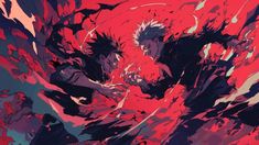 two anime characters with red and black paint