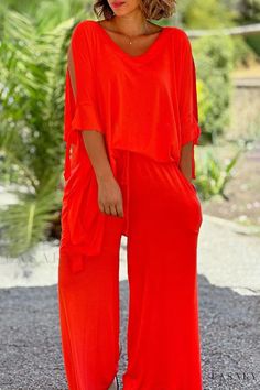 Lasaky - Contemporary Two-Piece Ensemble: Solid Frenulum V-Neck with Half Sleeves for Casual Wear Orange V-neck Summer Set, Solid V-neck Summer Sets, Orange V-neck Spring Set, Spring Orange V-neck Set, Orange V-neck Sets For Spring, Oversize Pullover, Casual Wide Leg Pants, Oversized Pullover, One Piece Suit