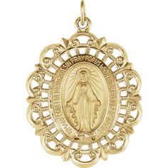 14k Yellow Gold Oval Filigree Miraculous Medal Pendant Dope Jewelry Accessories, Mary Necklace, Gold Pendants, Pendant Bails, Bow Jewelry, Stylish Necklace, Miraculous Medal, Gold Filigree, Religious Jewelry