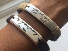 Handwritten Jewelry, Remembering A Loved One, Tarnished Silver Jewelry, Handwriting Bracelet, Engraved Handwriting, Signature Bracelet, Handwriting Jewelry, Bracelet Leather, Engraved Bracelet