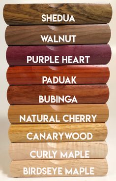 a stack of different types of wood on top of each other with the names of them