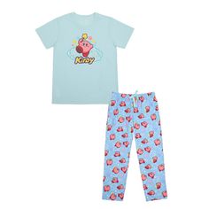 Elevate your relaxation game with this officially licensed Kirby Adult Juniors Sleepwear Set. This set includes a comfortable light blue short sleeve tee shirt crafted from a blend of 60% cotton and 40% polyester for a soft and breathable feel. The tee shirt showcases everyone's favorite video game hero, Kirby, front and center, adding a pop of fun to your loungewear. Accompanying the tee shirt are light blue sleep pants that feature an all-over repeat print of Kirby surrounded by playful stars. Playful Blue T-shirt For Loungewear, Casual Cartoon Print Cotton Sleepwear, Casual Cotton Sleepwear With Cartoon Print, Casual Graphic Print T-shirt For Pajama Party, Light Blue Cotton Sleepwear For Sleepover, Light Blue Cotton Sleepwear For Pajama Party, Casual Cotton T-shirt For Bedtime, Cotton Sleepwear With Graphic Print For Lounging, Casual Sleepwear With Cartoon Print And Crew Neck