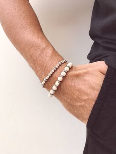 Two different white beaded bracelets fro every man in white and silver color with unique beads. In Christina Christi Jewels store you can see more than 50 designs in Men's Bracelets. You can have them in 2-4 Days with DHL EXPRESS SHIPPING MATERIALS - White and Metal Beads. - Elastic cord. - You can choose four different dimensions for your hand. DIMENSIONS * 17 cm - 6.6'' * 19 cm - 7.4'' * 21 cm - 8.2'' * 23 cm - 9.0'' * IN THIS LISTING THERE ARE TWO DIFFERENT BRACELETS. IF YOU 'D LIKE THEM ALL, Modern White Bracelets With Round Beads, Modern White Round Beads Bracelets, Modern White Round Bead Bracelets, Modern White Round Beaded Bracelets, White Modern Beaded Bracelets, Modern White Beaded Bracelets, Modern White Beaded Bracelet, Modern White Sterling Silver Bracelet, Modern White Jewelry With Round Beads