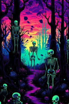 two skeletons are walking through the woods with trees and flowers in front of an orange, purple