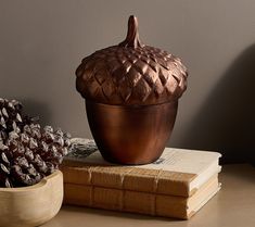 a brown vase sitting on top of a wooden table next to books and pine cones