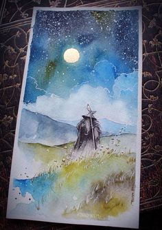 a watercolor painting of a man with a spear standing on a hill at night