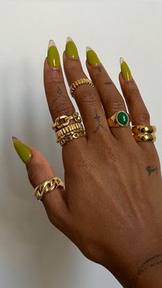 Gold Finger Claws, Chartreuse Green Nails, Post Malone Inspired Nails, Many Rings On Hand, Orange Gold Nails, Stacked Rings Aesthetic, Chartreuse Nails, Nails With Rings, Chunky Rings Aesthetic