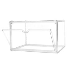 a clear plastic shelf with two shelves on each side and one in the middle, against a white background