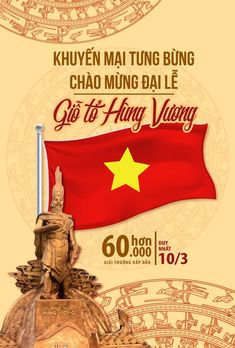 a poster with an image of a vietnamese flag and a statue in front of it