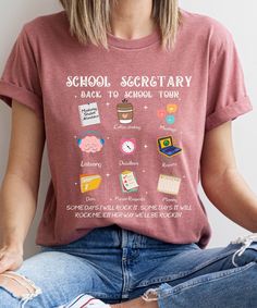 Kick off the school year with our School Secretary Shirt, featuring a fun and playful design perfect for the office. This Funny Back To School Tshirt is a Cute T-shirt Gift for School Secretary, combining humor and comfort. Ideal for any school receptionist, this Admin Squad Tee shows appreciation for their hard work and dedication. Product Description: ⇝ Bella and Canvas Brand Shirts ⇝ Unisex Adult Sizing ⇝ Rolled Sleeves in pictures are for styling purposes only ⇝ Props used in photos for are Cheap School Shirt With Funny Text, Teacher Team Shirts Business Casual, Cheap Customizable T-shirt For Teacher Appreciation, Cheap Everyday T-shirt For Back To School, Staff Tshirts Funny, Funny Tshirts For Teacher Assistants, Tee Shirts Staff Meeting Funny, Affordable Funny T-shirt For School Events, Cheap Funny School Shirt