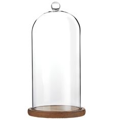 a glass dome with wooden base on a white background