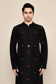 Black kurta featuring poker motif hand embroidery in the front and sleeves. Paired with a solid black salwar. - Aza Fashions Traditional Long Sleeve Wear With Embroidery, Traditional Straight Kurta Top With Embroidery, Designer Embroidered Black Kurta, Designer Black Embroidered Kurta, Traditional Black Festive Tops, Black Tops With Resham Embroidery For Festivals, Designer Black Tops For Festive Occasions, Designer Black Tops For Festive Season, Black Straight Kurta With Motifs