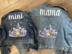 Do you need a cute matching mama and mini jacket for your upcoming trip?! This set is for you. These are ready to ship, kids size 7 and an adult size L.  The Mama jacket is a looser fit and semi crop. No refunds or exchanges. Item can be shipped within 1-2 days. Personalized Minnie Mouse Jean Jacket Pink, Mini Jacket, Disney Jacket, Mama And Mini, Disney Outfit, Cute Matching, Disney World Parks, Womens Jackets, Disney Vacation