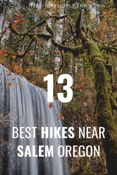 a waterfall with the text 13 best hikes near salem oregon on it's side