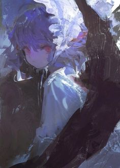 an artistic painting of a person with purple hair