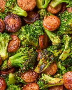 broccoli and sausage are mixed together in a dish that is ready to be eaten