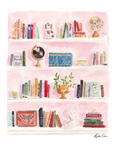 a watercolor painting of books on a shelf with a clock and other items in it