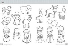 an image of children's nativity coloring pages with animals, sheeps and people