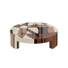 a coffee table made out of wood and marble with an abstract design on the top