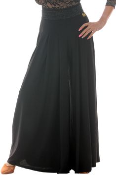 Stretch-knit ballroom & smooth trousers Palazzo silhouette Elastic pleated waistband Maxi Length Bottoms For Party, Elegant Stretch Wide-leg Culottes, Elegant Stretch Floor-length Bottoms, Elegant Party Wide-leg Culottes, Elegant Wide-leg Party Culottes, Black Full-length Maxi Skirt For Formal Occasions, Black Full Length Wide Leg Pants For Night Out, Elegant Wide-leg Culottes For Party, Black Full-length Wide Leg Pants For Night Out