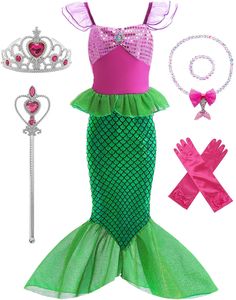 PRICES MAY VARY. Package Included: 1xGirls Princess dress,1xCrown,1xWand,1xGloves,1xNecklace,1xBracelet. Material: Polyester and cotton. Girls Princess costume is made from high-quality fabric,non-itchy,comfortable and soft,friendly to the child's skin. Princess Dress For Girls: Cute and gorgeous Princess dress up costume,your little princess will love it. Halloween Cosplay Costume for Kids: Princess costume for girls with rich accessories,little girl can dress up as a movie character and spend Ariel Costume Kids, Kids Princess Costume, Mermaid Costume Kids, Ariel Halloween, Rich Accessories, Girls Mermaid Costume, Princess Costumes For Girls, Princess Costume Kids, Ariel Costume