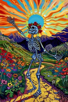 a painting of a skeleton walking down a road with flowers on it's head