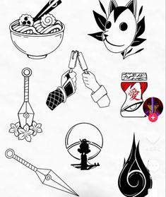 various types of cooking utensils are shown in black and white