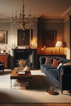 a living room filled with furniture and a chandelier