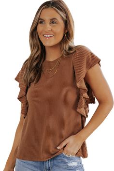 Brown Ribbed Knit Ruffled Short Sleeve T Shirt Chic Knit Tops With Ruffles, Casual Knit Top With Ruffle Sleeves, Trendy Crew Neck Knit Top With Ruffles, Knit Ruffle Top With Crew Neck, Knit Crew Neck Top With Ruffles, Knit Top With Ruffles And Crew Neck, Trendy Short Sleeve Knit Top With Ruffles, Trendy Ruffled Short Sleeve Knit Top, Chic Knit Tops With Ruffle Sleeve