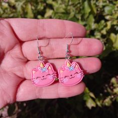 Pink Unicorn Kitty Earrings Adjustable Kawaii Dangle Earrings, Trendy Cat Ears Earrings For Gift, Trendy Cat Ears Earrings As Gift, Handmade Adjustable Kawaii Earrings, Trendy Jewelry With Cat Ears For Gift, Novelty Cat Ears Jewelry Gift, Cute Cat Design Earrings For Gift, Cute Cat Design Earrings As Gift, Adjustable Cat Ears Earrings For Gift