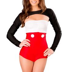 a woman in a red and white bodysuit is posing for the camera with her hands on her hips