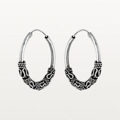 "Introducing our exquisite 925 Sterling Silver Bali Hoop Earrings, a captivating addition to your jewelry collection. Expertly crafted from premium 925 sterling silver, these hoops feature a beautiful Bali-inspired design that exudes elegance and showcases intricate craftsmanship. With a diameter of 0.98\" (25mm) and a 2mm width, these earrings provide a bold statement while maintaining a comfortable size for everyday wear or special occasions. Each pair of these stunning earrings is created wit Oxidized Finish Hoop Earrings For Gifts, Oxidized Round Hoop Earrings As Gift, Oxidized Finish Hoop Earrings As Gift, Gift Hoop Earrings With Oxidized Finish, Gift Oxidized Finish Small Hoop Earrings, Boho Earring, Pentagram Pendant, Bali Earrings, Silver Eye