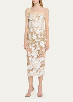 Bronx and Banco Jasmine Strapless Floral Applique Midi Dress - Bergdorf Goodman Midi Bridal Dress, Rehearsal Dinner Looks, Bronx And Banco, Rehearsal Dress, Strapless Floral Dress, Strapless Midi Dress, Flare Mini Dress, Red Midi Dress, Lace Midi