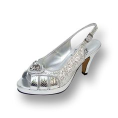 The Gorgeous Floral Sue Women Extra Wide Width Peep Toe Dress Pump Is Strikingly Beautiful For Your Next Special Occasion. This 3" High Heel Elegant Ladies Platform Slingback Has A Pu Stripped Toe Cap With A Sparkly Center Piece Made Of Rhinestone Jewels To Create A Unique And Sophisticated Eye Catching Style. Find A Large Selection Of Wide Width Styles At Our Official Website Fazpaz.Com & Receive An Instant $20 Gift Credit, Free Shipping & Exchanges & 1-Year Returns. Silver Fitted Heels For Wedding, Elegant Silver Heels For Holiday, Glamorous Silver Heels For Anniversary, Silver Wedding Heels For Holiday, Silver Heels For Wedding, Elegant Metallic Silver Fitted Heels, Elegant Metallic Silver Heels, Silver Heels For Holiday Formal Occasions, Silver Heels For Formal Holiday Events