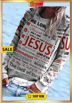 Jesus Letter Printing Loosen Sweatshirt Jesus Prints, Loose Pullover, Color Block Top, Casual Pullover, Casual Top, Casual Hoodie, Fashion Clothes, Ladies Tops Fashion, Women's Sweater