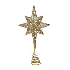 a gold christmas tree topper with a star on it's head and spiral wire wrapped around the base