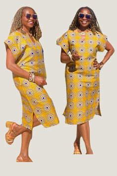 This is a unique African midi dress in a multi-print. This comfy dress will be made from Ankara fabric cut to flatter your curves.  Style is loosely cut for wiggle room.  Displayed color is available. *Made to order, length is up to 40"- 42" but can be made shorter per customer request.   MEASUREMENT GUIDE: See inserted pics We are happy to answer any questions regarding measurements and styles before purchase. Note, that the customer is responsible for including their measurements or selecting African Plus Size Fashion, Ankara Midi Dress Styles, Knee-length Printed Sundress, Loose Ankara Dress Styles, Multicolor Knee-length Sundress, Bohemian Knee-length Patterned Dress, Knee-length Dress With Vibrant Print For Vacation, Printed Knee-length Sundress, Bohemian Knee-length Printed Midi Dress