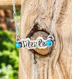 Custom Name Necklace for Mom in sterling silver. Add a word or Name to this necklace that makes a perfect birthday gift for Moms or friends. Kids names or Pet names that have special meaning you can keep close to your heart. Adorn with Kingman turquoise for a fun country every day look and style. Personalized name necklaces make someone special smile even if you buy one for yourself.  Note! We had to change the chain style for this necklace to a paperclip style chain. See images for new chain st Sterling Silver Stamped Necklace For Birthday Gift, Personalized Turquoise Sterling Silver Necklaces, Personalized Sterling Silver Turquoise Necklaces, Silver Sterling Silver Birthstone Nameplate Necklace, Blue Stamped Necklace As Gift, Blue Stamped Jewelry For Gifts, Blue Stamped Jewelry For Gift, Gift For Mom Birthday, Word Necklace