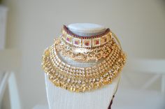 Perfect Bridal double bridal set with a gold plated choker hand woven on silk and a wider collar set, Whether you bridal outfit is red, white, orange, yellow, gold or green, this bridal set will go with any shade. These necklaces come with two separate pairs of earrings. Kundan Work, Heritage Jewellery, Bridal Outfit, Fabric Jewelry, Seed Bead Jewelry, Bridal Set, Saint Paul, Bridal Outfits, Bridal Sets