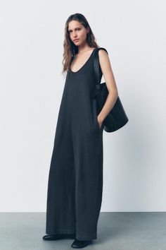 LONG COTTON JUMPSUIT - Charcoal gray | ZARA United States Zara Shoulder Bag With Removable Pouch, Midi Jumpsuit, Evening Suit, Zara Australia, Loose Jumpsuit, Cotton Jumpsuit, Beauty Dress, Tshirt Skirt, Leather Bucket Bag