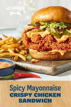 spicy mayonnaise crispy chicken sandwich with fries