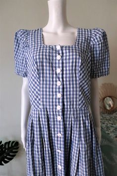 Vintage Salzburger Trachten Cotton Midi Dress With Blue and White Check Square Neck and Puff Sleeves 1990s 90s Made in Austria - Etsy Classic Fitted Plaid Summer Dress, Cotton Plaid Dress With Square Neck, Square Neck Cotton Plaid Dress, Fitted Blue Plaid Cotton Dress, 90s Dress, Cotton Midi Dress, Puff Sleeves, Square Neck, Austria