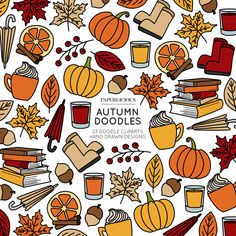 autumn doodles with books, pumpkins and leaves