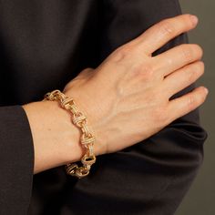 Our signature, hand-linked Oval Chain Bracelet encrusted with all over pave diamonds in Yellow Gold. This one-of-a-kind necklace features 7.21cts of Diamonds and is made end-to-end in Los Angeles. Pave Diamonds, 7.21cts, 18k Yellow Gold Made to Order: Available in all 18K White Gold and all 18k Rose Gold Available in customizable lengths Dimensions : Length: 7.75" Shipping: We offer complimentary overnight domestic shipping with your order once your order has been fulfilled. Please allow 4-6 wee Luxury Oval Link Bracelet With Diamond Accents, Luxury Diamond Bracelet With Oval Link And Diamond Accents, Luxury Diamond Oval Link Bracelets, Luxury Diamond Bracelet With Oval Link Accents, Luxury Oval Link Diamond Bracelet With Accents, Luxury Cubic Zirconia Diamond Bracelet With Oval Links, Luxury Diamond Oval Link Chain Bracelet, Formal Oval Link Bracelet With Diamond Accents, Formal Oval Link Cubic Zirconia Diamond Bracelet