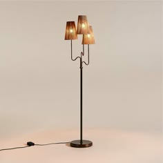 three light floor lamp with brown shades on the lampshade and cord attached to it