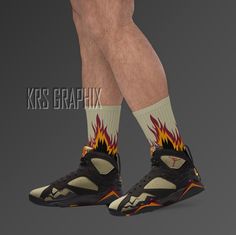 These Jordan 7 'Black Olive' inspired all-over-print socks are extra comfortable thanks to their cushioned bottom. The foot is black with artwork printed along the leg with crisp, bold colors that won't fade.  Extremely comfortable - these socks are designed to give you extreme comfort, so you could wear them all day long without any irritation or an unpleasant feeling on your foot. Ideal fit & comfort cotton/poly sole provides absorption and moisture wicking. * 60% nylon/22% cotton/18% spandex Sneaker Match Tees, Jordan 7, Jordan Black, Shoe Display, Matching Jordans, Black Olive, Casual Socks, Socks And Hosiery, We Wear