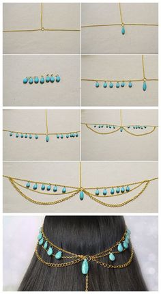 how to make a gold chain necklace with turquoise beads and chains on the neckline