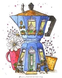 a watercolor drawing of a blue coffee pot with flowers and plants on it's side