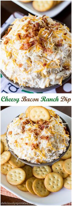 cheesy bacon ranch dip with crackers on the side and cheese in the middle